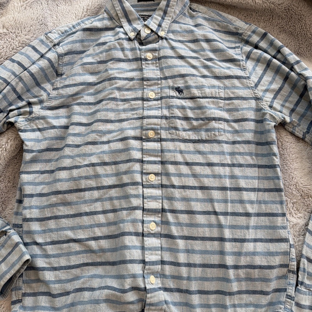 Abercrombie Fitch Muscle Shirt Men's Large Blue Chambray Striped Long Sleeve